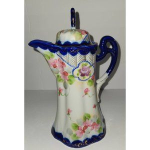 Antique Nippon Hand Painted Cherry Blossom and Cobalt Blue Chocolate Pot Pitcher